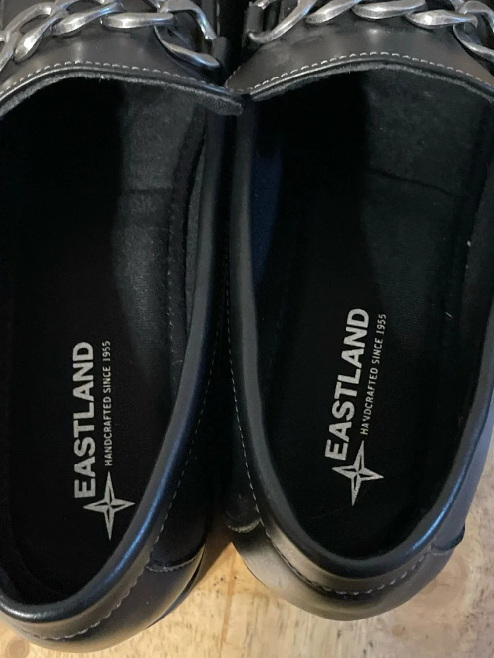 Eastland Black faux Leather Loafers with Chunky Silver Chain
